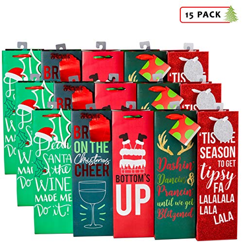 Product Cover Funny Christmas Wine Bottle Gift Bags with Handles, Metallic Hot Stamp and Glitter for Xmas Holiday Cheers & Parties (Set of 15)