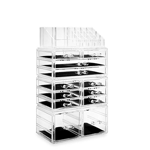 Product Cover Casafield Acrylic Cosmetic Makeup Organizer & Jewelry Storage Display Case - Large 16 Slot, 2 Box & 10 Drawer Set - Clear