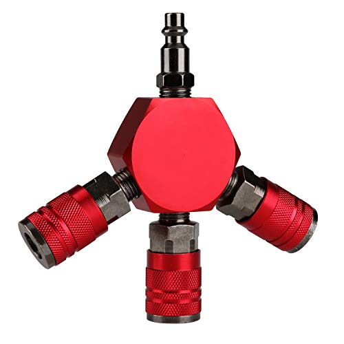 Product Cover Hromee 3-Way Air Manifold 4 Ports Aluminum Industrial Flat Hex Quick Connect Air Hose Splitter with 3 Steel Couplers and 1/4