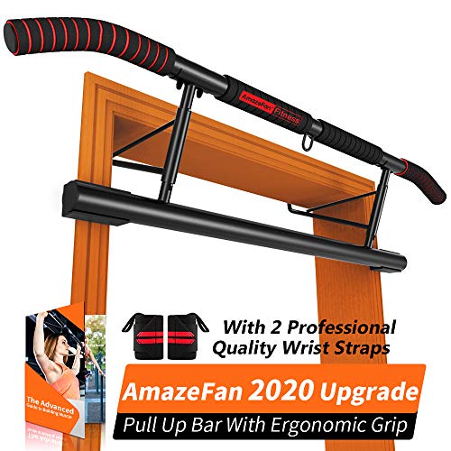 Product Cover AmazeFan Pull Up Bar Doorway with Ergonomic Grip - Fitness Chin-Up Frame for Home Gym Exercise - 2 Replaceable Accessories - 2 Professional Quality Wrist Straps + Workout Guide -No Installation Needed