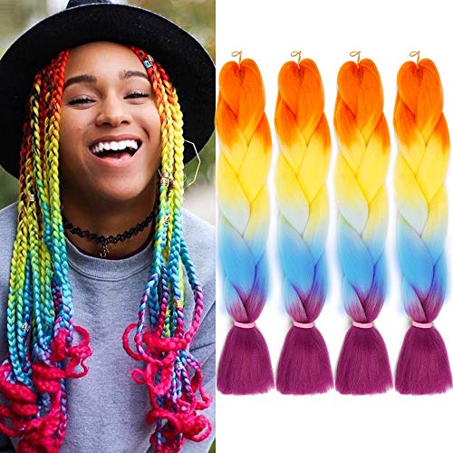 Product Cover 4Pcs/Lot Kanekalon Braiding Hair Rainbow Jumbo Colored Braid Hair Extensions 24Inch Synthetic Heat Resistant Fiber for Box Braids(#M68)