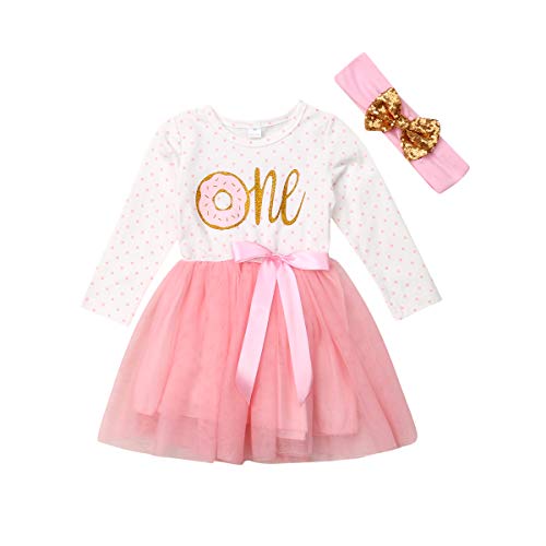 Product Cover Newborn Baby Girls Pink Striped Tutu Dress First Birthday Skirt Outfits Casual Donut Print Girls Clothes Headband 2Pcs Set (ONE Long-Sleeve, 6-12)