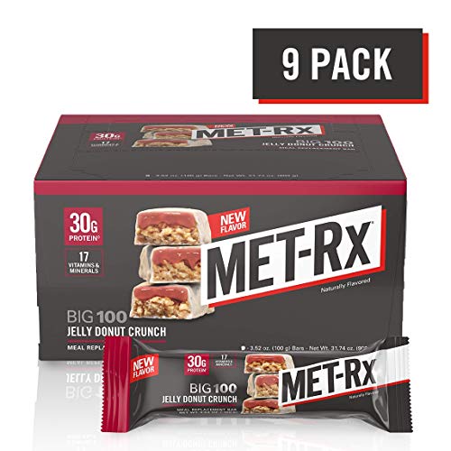 Product Cover MET-Rx Big 100 Protein Bar, Great as Healthy Meal Replacement, Snack, and Help Support Energy, Gluten Free, 30g of Protein, Jelly Donut Crunch Bar, 9 Count