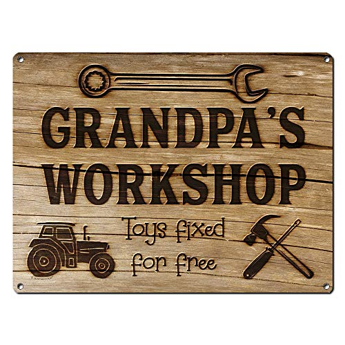 Product Cover Grandpa's Workshop Toys Fixed for Free, 9x12 Inch Metal Sign, Vintage Workshop and Garage Signs Wall Decor, Gifts for Papa, Dad, Pop, Woodworking, Woodturning, Cabinet Maker, Mechanic , RK3104 9x12