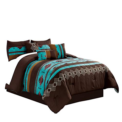 Product Cover WPM WORLD PRODUCTS MART 7 Piece Western Southwestern Native American Design Comforter Set Multicolor Teal/Coffee Brown Embroidered King Size Bed in a Bag Navajo Bedding Set- Makala