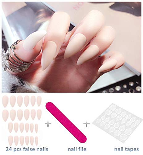 Product Cover editTime 24PCS Solid Colors Acrylic Stiletto False Nails Full Cover Fake Nails Tips Natural Long Claw Nails (Matte pink beige)