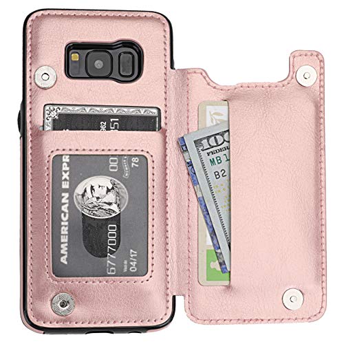 Product Cover S8 Case Wallet with Card Holder, Vaburs Premium PU Leather Double Magnetic Buttons Flip Shockproof Protective Cover for Samsung Galaxy S8(Rose Gold)