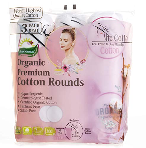 Product Cover SheCotton Premium Cotton Rounds for Face, Lint-Free Turkish Cotton Pads, Makeup-Nail Polish Remover, (3 Pack 350 Count with Extra Travel Pack)