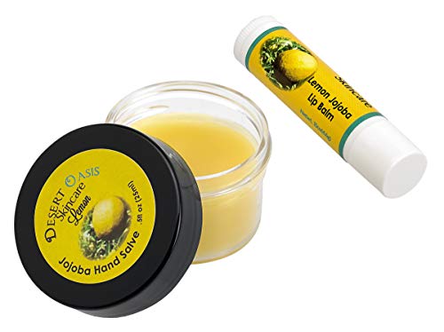 Product Cover Jojoba Oil Lemon Travel Size Hand Salve and Lip Balm, all natural, cold pressed and undeoderized jojoba oil and mildly scented with Lemon, Salve (0.5 oz/14 gm) Lip balm (.15 oz/4.6 gm) 2 units