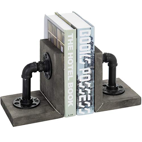 Product Cover MyGift Industrial Pipe & Gray Wood 6-Inch Metal Bookends, 1-Pair