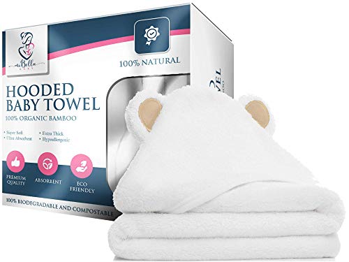 Product Cover Organic Bamboo Hooded Baby Towel by Mi Bella Baby - Hypoallergenic, Soft, Absorbent, Durable - Large White Bath Towels with Bear Ears for Newborn Essentials and Toddlers - Gender Neutral Baby Gifts