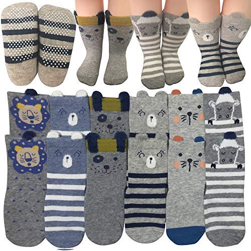 Product Cover 6 Pairs Toddler Non Skid Anti Slip Crew Socks with Grips for Baby Boys Ankle Walker Cartoon Footsocks Sneakers Socks