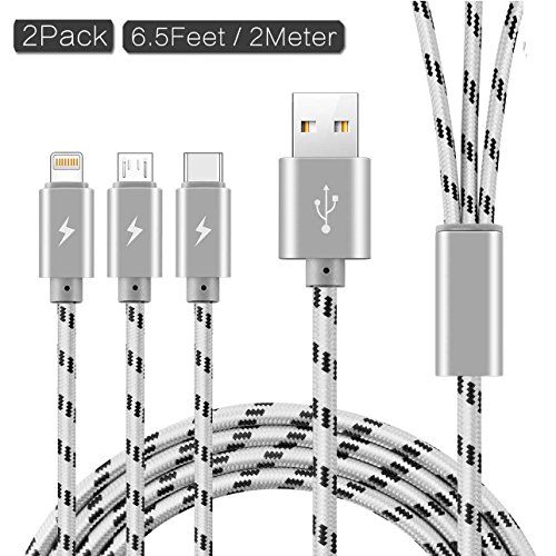 Product Cover ASICEN 3 in 1 Nylon Braided Multiple USB Fast Charger Cable Micro USB/Type C Compatible for Phone 7/7 Plus/Galaxy S8 and More (Gray, 6.5ft/2m)