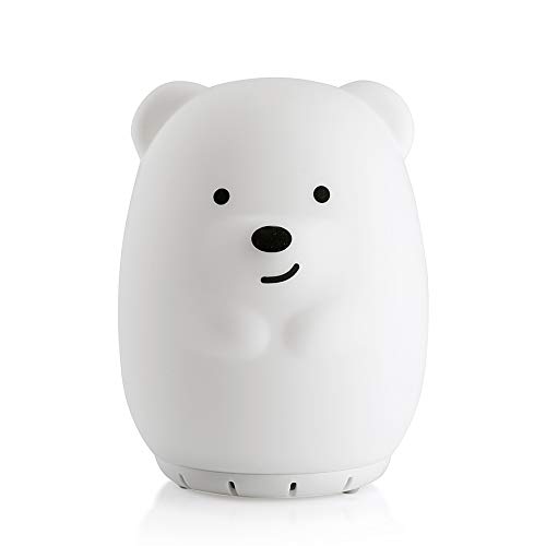 Product Cover Hugmo Bear Soft Cute Silicone Baby Night Light with Bluetooth Speaker - Portable and Rechargeable. Ideal for Infant or Toddler. Color Changes with The Music Or Can Be Used As A Nightlight Lamp