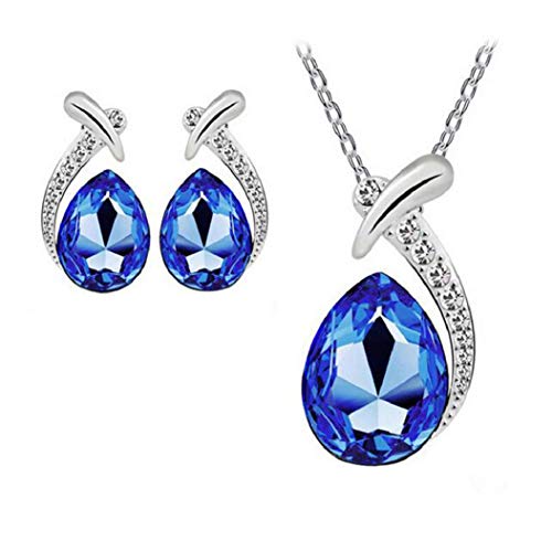 Product Cover Nobio Women's Shiny Crystal Rhinestone Silver Plated Pendent Chain Necklace Stud Earring Costume Fashion Jewelry Set (Royal Blue)