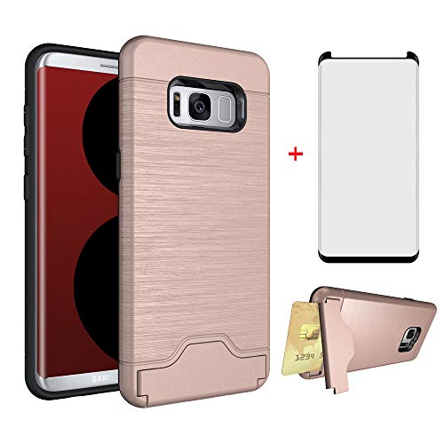 Product Cover Phone Case for Samsung Galaxy S8 with Tempered Glass Screen Protector Cover and Credit Card Holder Wallet Stand Kickstand Slim Hard Hybrid Cell Accessories Glaxay S 8 8S Edge GS8 Women Cases Rose Gold