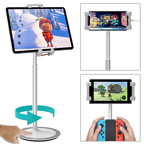 Product Cover Klearlook Tablet Stand Holder, Height Adjustable, 360 Degree Rotating, Aluminum Alloy Cradle Mount Dock for 4.7-12.9 inch iPhone Samsung, iPad, Nintendo Switch, Kindle, eBook Reader (Silver)