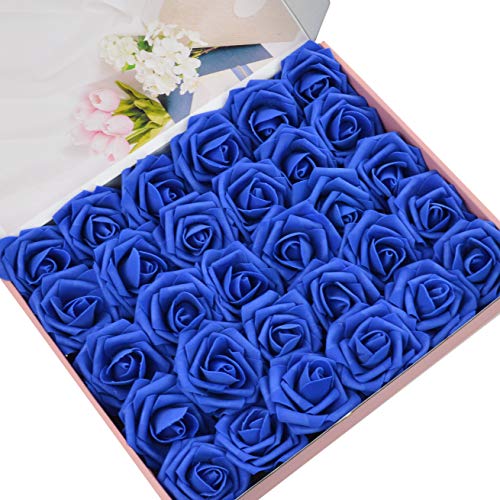 Product Cover DerBlue 60pcs Artificial Roses Flowers Real Looking Fake Roses Artificial Foam Roses Decoration DIY for Wedding Bouquets Centerpieces,Arrangements Party Home Decorations(Royal Blue)