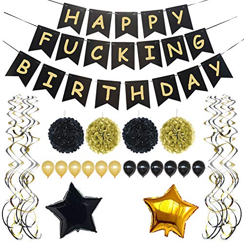 Product Cover Tylang Black and Gold Party Decorations Happy Fking Birthday Bunting Banner Sign, 30th, 40th, 50th, 60th, 70th, 75th, 80th, 90th Birthday Party Supplies Favors for Girl Boy Men Women Adult (Black)