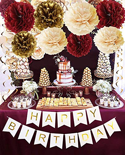 Product Cover Fall Birthday Party Decorations Burgundy Champagne Gold Tissue Pom Pom Happy Birthday Banner Burgundy Birthday Decorations Women (Burgundy Champagne Gold)