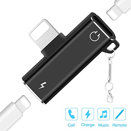 Product Cover Dual Port Adapter & Splitter, 2 in 1 Headphone Audio & Charge Dongle Compatible for Phone 11/11 Pro, 11 Pro Max, XS, XS Max, XR, X, 8/8 Plus, 7/7 Plus, Supports i-OS 11 12 13 or Later - Black