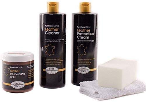 Product Cover Furniture Clinic Leather Complete Restoration Kit - Set Includes Leather Recoloring Balm, Protection Cream, Cleaner, Sponge and Cloth - Restore and Repair Sofas, Car Seats and More (Med Brown)