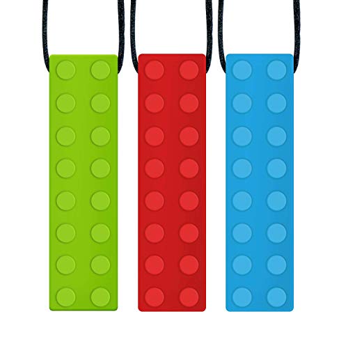 Product Cover Panny & Mody Sensory Chew Necklace Pendant Chewlery Set for Boys and Girls(3 Pack), Silicone Chewy Brick for Kids with ADHD, Teething, Autism, Biting Needs (Red, Green, Blue)