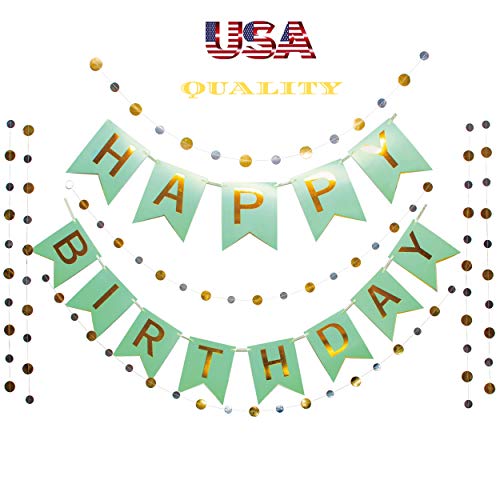 Product Cover Otyland Birthday Decorations Assembled Happy Birthday Banner&24 Gold/Silver Dots Garland Kit Party Supplies Green Bday Set All Ages Baby/Toddler/Kids/Teenagers/Boy/Girl/Adult/Men/Women Bday Decoration