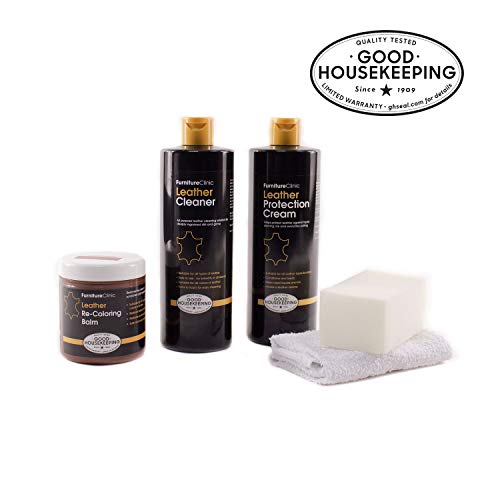 Product Cover Furniture Clinic Leather Complete Restoration Kit - Set Includes Leather Recoloring Balm, Protection Cream, Cleaner, Sponge and Cloth - Restore and Repair Sofas, Car Seats and More (Dark Brown)