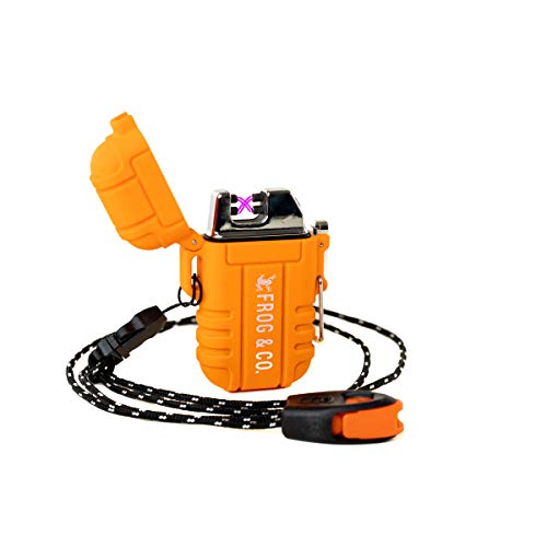 Product Cover Tough Tesla Lighter - Outdoor Waterproof Windproof Dual Arc Plasma USB Electric w/Paratinder Lanyard & Emergency Whistle by Frog & Co. (Orange)