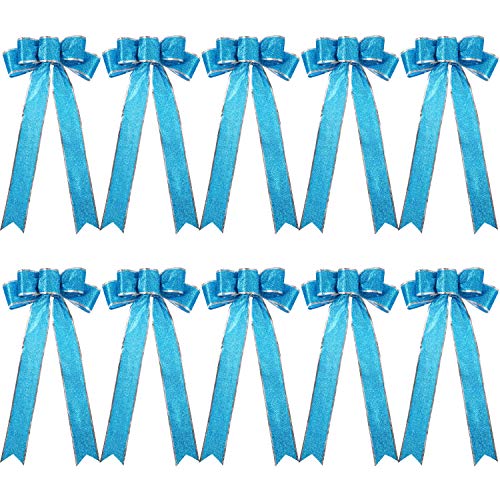 Product Cover Tatuo 10 Pack Glitter Christmas Bow 7.8 x 17 Inch Holiday Bows Large Bow Home Decorations (Blue Silver)