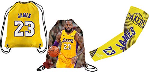Product Cover Forever Fanatics James #23 Basketball Fan Gift Set ✓ James #23 Picture Drawstring Backpack Gym Bag & Matching Compression Shooter Arm Sleeve (Youth Size (6-13 yrs), James #23)