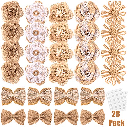 Product Cover 28 PCS Whaline Natural Burlap Flowers Including Vintage Burlap Rose Flowers, Jute Twine Burlap Flowers, Burlap Flowers, Burlap Bowknot, 7 Styles for DIY Craft and Rustic Wedding Party Decoration