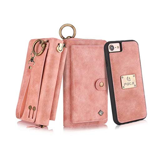 Product Cover Petocase Compatible iPhone 8 Case/iPhone 7 Wallet Case, Multi-Function Zipper Purse Detachable Magnetic Wristlet 13 Card Slots & 4 Cash Protective Cover for Apple iPhone 8/7/6s/6 Pink