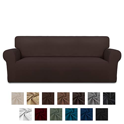 Product Cover Easy-Going Fleece Stretch Sofa Slipcover - Spandex Non-Slip Soft Couch Sofa Cover, Washable Furniture Protector with Anti-Skid Foam and Elastic Bottom for Kids, Pets(Sofa,Chocolate)