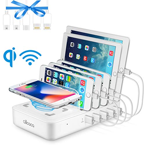 Product Cover allcaca Wireless Charging Station for Multiple Devices - Fast Charging Station Family Charge Dock Organizer with 5 USB Ports and 1 Qi Wireless Charging Pad for iPhone/ipad/Samsung/Android Phone/Tablet