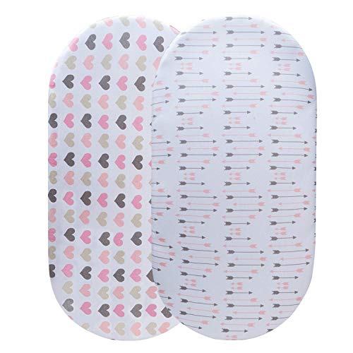 Product Cover Momcozy Universal Bassinet Sheets Set 2 Pack for Girls, Soft & Breathable 100% Cotton, Fitted Elastic Design, Pink Heart & Arrows, Fits Oval Halo, Chicco Lullago, Mini Co-Sleepers, Ingenuity