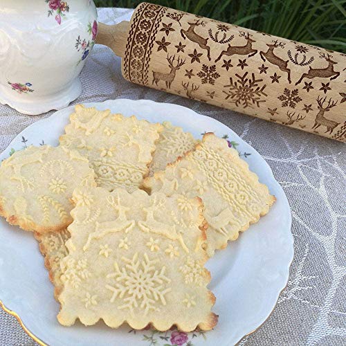 Product Cover Inverlee Christmas Wooden Rolling Pins Engraved Carved Embossed Rolling Pin with Christmas Symbols for Baking Embossed Cookies Kitchen Tool (38X4X4cm Elk&Snowflake)