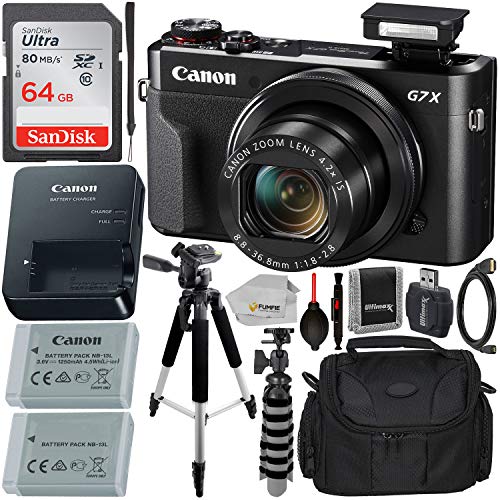 Product Cover Canon PowerShot G7 X Mark II Digital Camera (Black) with Essential Accessory Bundle - Includes: SanDisk Ultra 64GB SDXC Memory Card, 1x Replacement Battery, 57