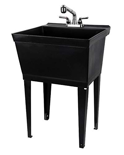 Product Cover Black Utility Sink Laundry Tub With Pull Out Chrome Faucet, Sprayer Spout, Heavy Duty Slop Sinks For Washing Room, Basement, Garage or Shop, Large Free Standing Wash Station Tubs and Drainage (Black)