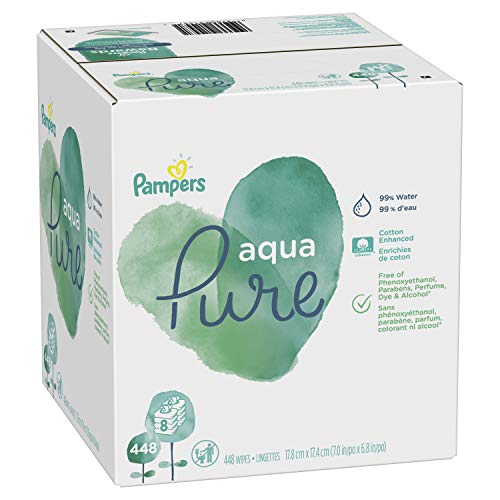 Product Cover Baby Wipes, Pampers Aqua Pure Sensitive Water Baby Diaper Wipes, Hypoallergenic and Unscented, 8X Pop-Top Packs, 448 Count