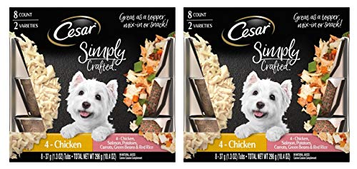 Product Cover CESAR SIMPLY CRAFTED Adult Soft Wet Dog Food Meal Topper Variety Pack Chicken and Chicken, Salmon, Potatoes, Carrots, Green Beans & Red Rice, (8) 1.3 oz. Tubs
