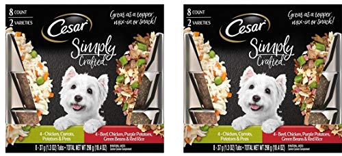 Product Cover CESAR SIMPLY CRAFTED Canine Cuisine Complement Adult Wet Dog Food Topper Variety Pack Chicken, Carrots, Potatoes & Peas, and Beef, Chicken, Purple Potatoes, Green Beans & Red Rice, (16) 1.3 oz Tubs