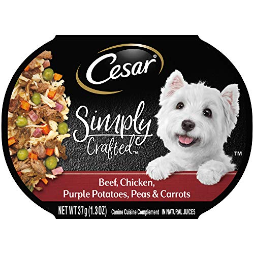 Product Cover CESAR SIMPLY CRAFTED Canine Cuisine Complement Adult Wet Dog Food Topper Beef, Chicken, Purple Potatoes, Peas & Carrots, (10) 1.3 oz Tubs