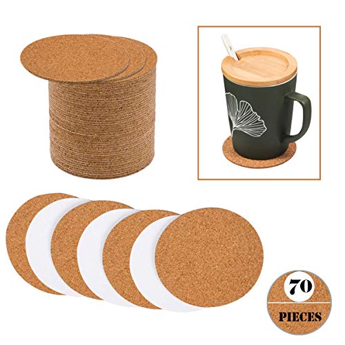 Product Cover Self-Adhesive Cork Round, Seasonsky 70 Pack Cork Backing Sheets for Wall Decoration, Party Supplies Coasters and DIY Crafts