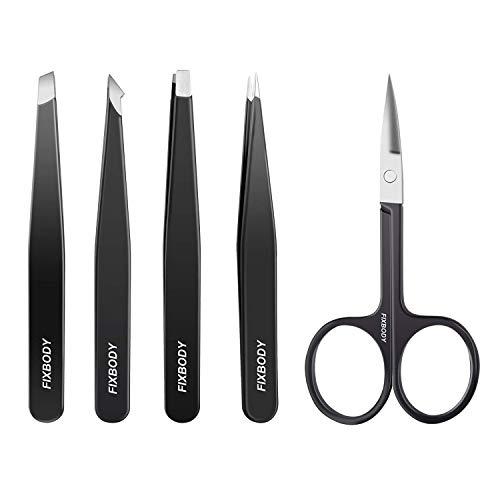 Product Cover FIXBODY Tweezers Set 5-Piece - Professional Stainless Steel Tweezers with Curved Scissors, Best Precision Tweezer for Eyebrows, Splinter & Ingrown Hair Removal with Leather Travel Case