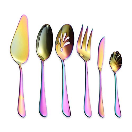 Product Cover Berglander Stainless Steel Colorful Titanium Plated Flatware Serving Set 6 Pieces, 5 Serving Pieces of 45 Pieces Flatware with 1 Cake Server, Rainbow Serving Silverware Set (Shiny Colorful)