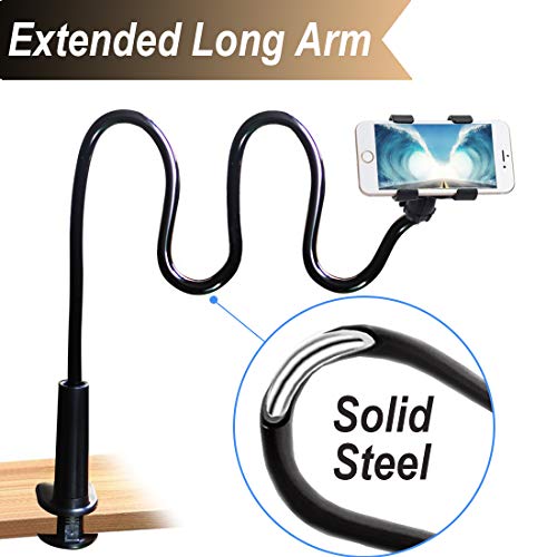 Product Cover Cell Phone Clip On Stand Holder with Grip Flexible Long Arm Gooseneck Bracket Mount Clamp Compatible with iPhone X/8/7/6/6S Plus Samsung S8/S7, Used for Bed, Desktop, Black