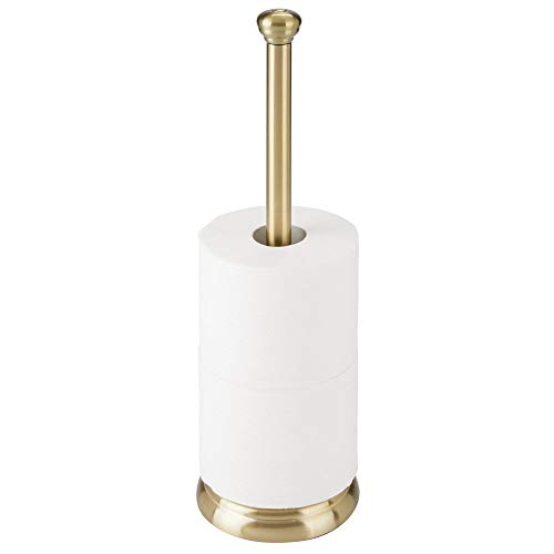 Product Cover mDesign Decorative Metal Free-Standing Toilet Paper Holder Stand with Storage for 3 Rolls of Toilet Tissue - for Bathroom/Powder Room - Holds Mega Rolls - Soft Brass