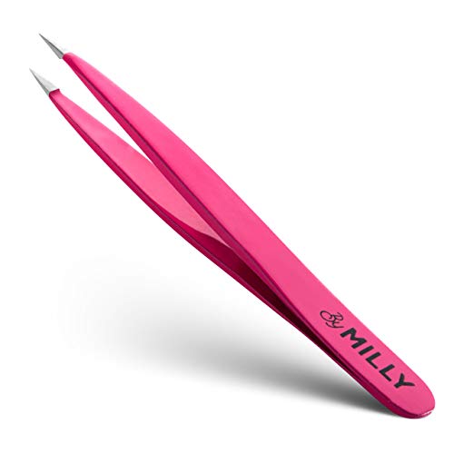 Product Cover Pointed Tweezers - Stainless Steel - Perfectly Aligned Hand-Filed Point Tip Precision Tweezers - For Ingrown Hair, Eyebrows, Facial Hair, Splinters, Ticks and Glass Removal - For Men and Women - Pink
